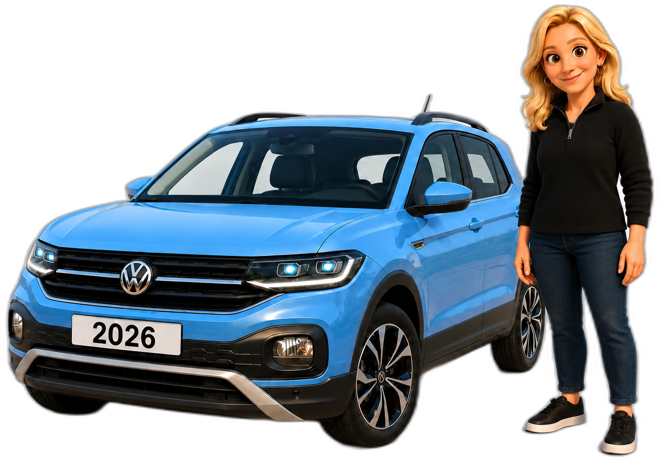 Kelly, driving instructor, standing beside her blue Volkswagen T-Cross